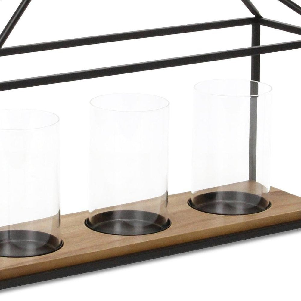 15" Black Metal Glass And Wood Geometric Three Light Hurricane Candle Holder