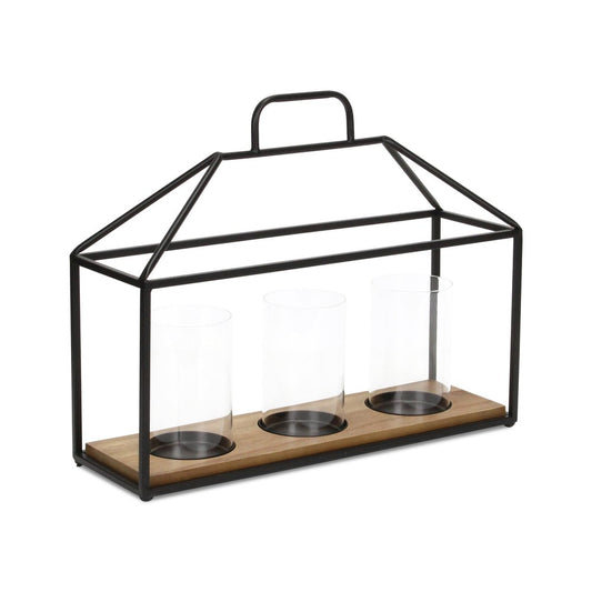 15" Black Metal Glass And Wood Geometric Three Light Hurricane Candle Holder