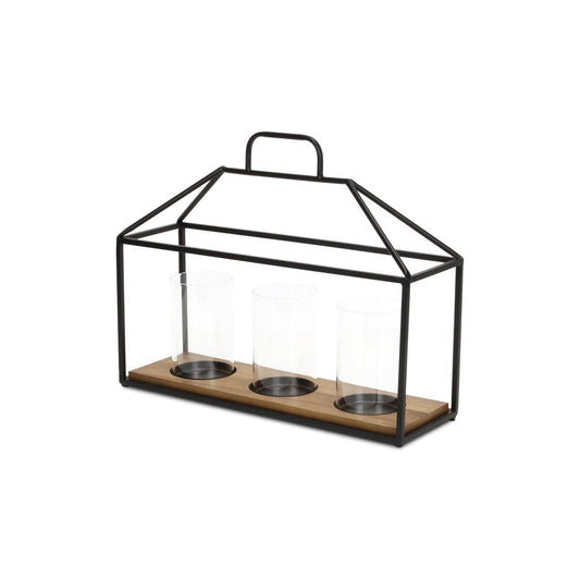 15" Black Metal Glass And Wood Geometric Three Light Hurricane Candle Holder