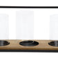 15" Black Metal Glass And Wood Geometric Three Light Hurricane Candle Holder