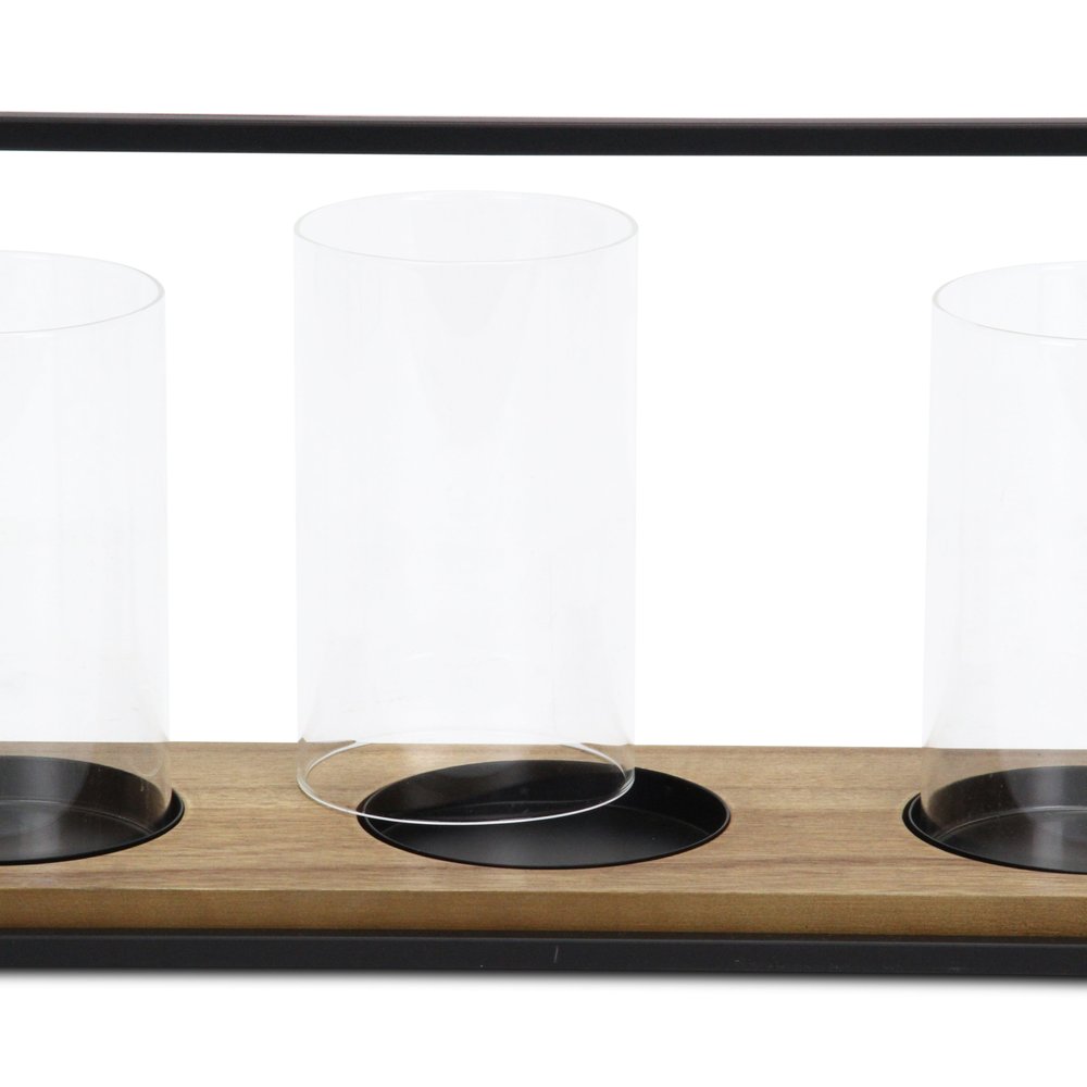 15" Black Metal Glass And Wood Geometric Three Light Hurricane Candle Holder