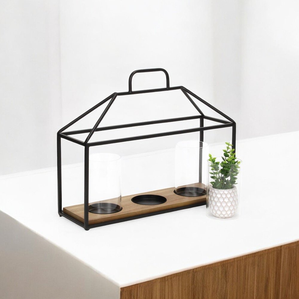 15" Black Metal Glass And Wood Geometric Three Light Hurricane Candle Holder