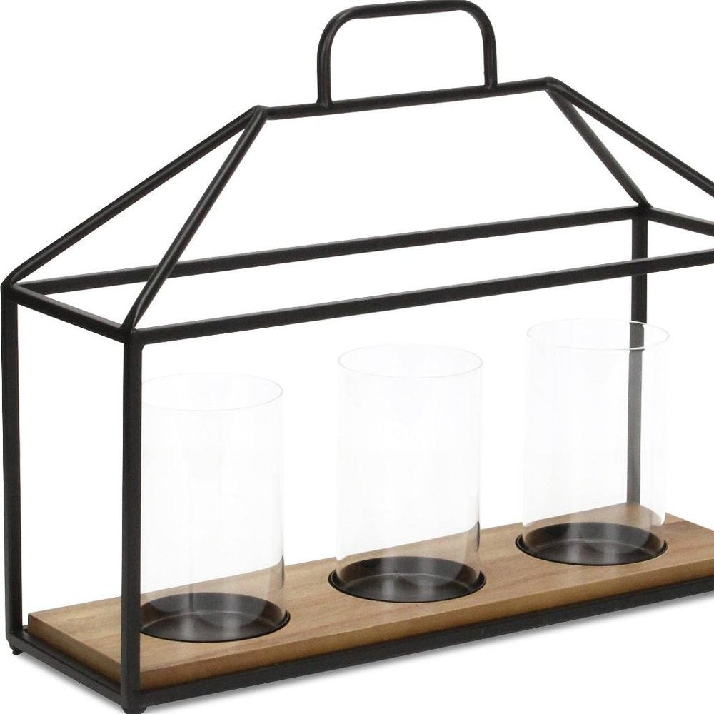 15" Black Metal Glass And Wood Geometric Three Light Hurricane Candle Holder