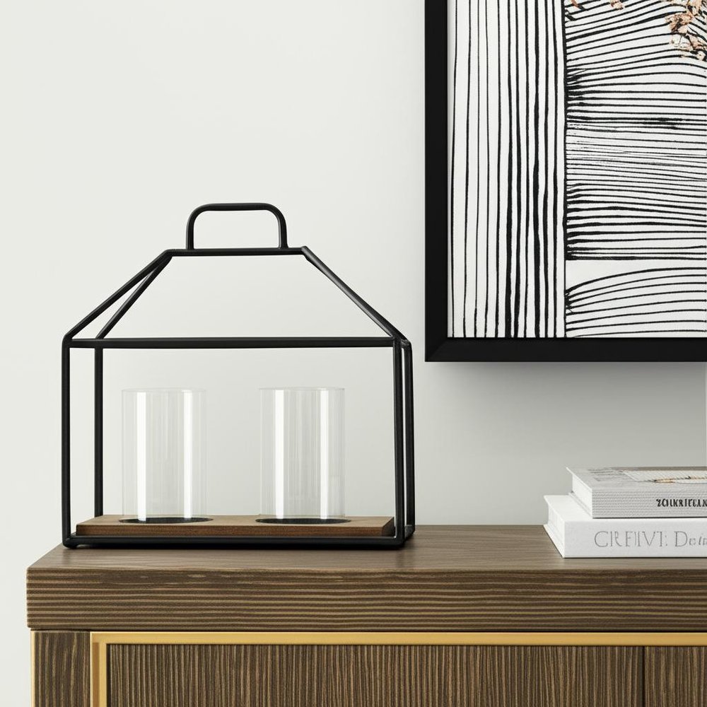 15" Black Metal Glass And Wood Geometric Two Light Hurricane Candle Holder