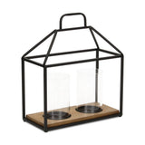 15" Black Metal Glass And Wood Geometric Two Light Hurricane Candle Holder