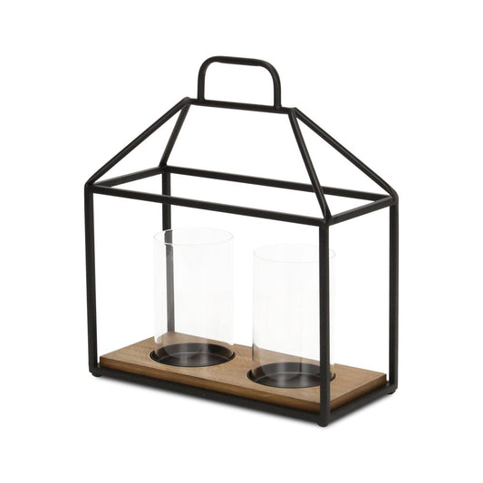 15" Black Metal Glass And Wood Geometric Two Light Hurricane Candle Holder