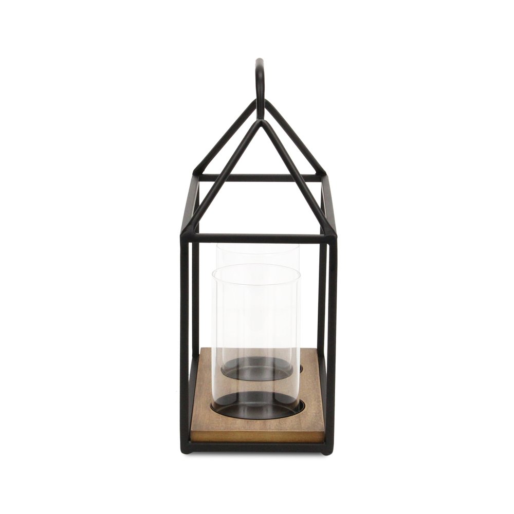 15" Black Metal Glass And Wood Geometric Two Light Hurricane Candle Holder