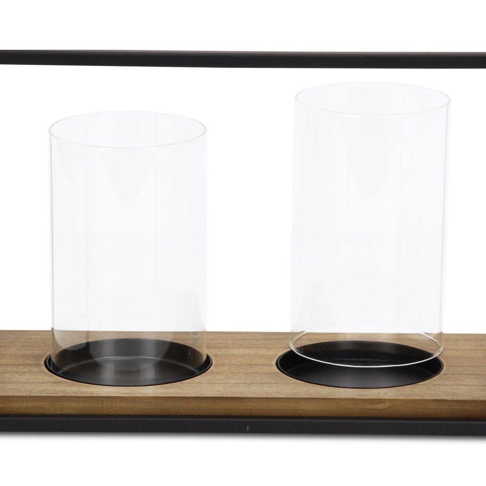 15" Black Metal Glass And Wood Geometric Two Light Hurricane Candle Holder