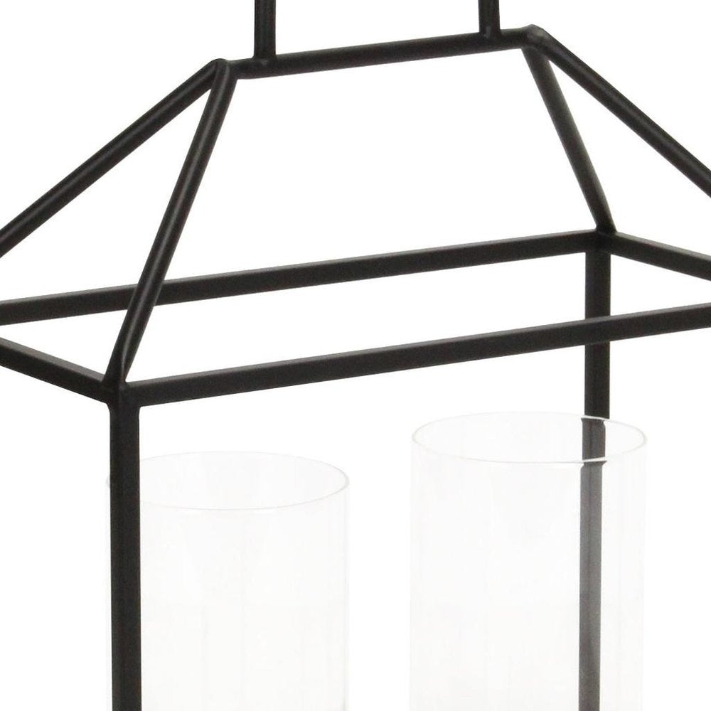 15" Black Metal Glass And Wood Geometric Two Light Hurricane Candle Holder