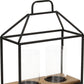 15" Black Metal Glass And Wood Geometric Two Light Hurricane Candle Holder