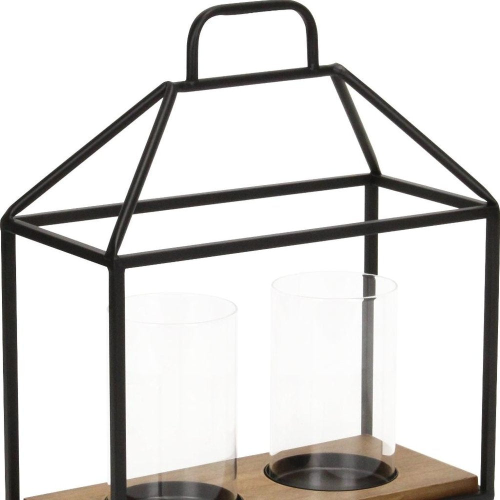 15" Black Metal Glass And Wood Geometric Two Light Hurricane Candle Holder