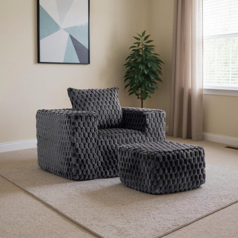 42" Charcoal Chenille Upholstered Arm Chair With Ottoman