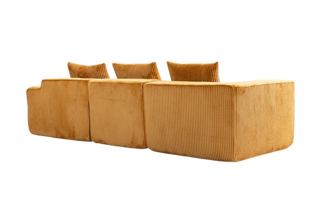 111" Gold Corduroy Modular Ribbed Compression Foam Sofa With Toss Pillows