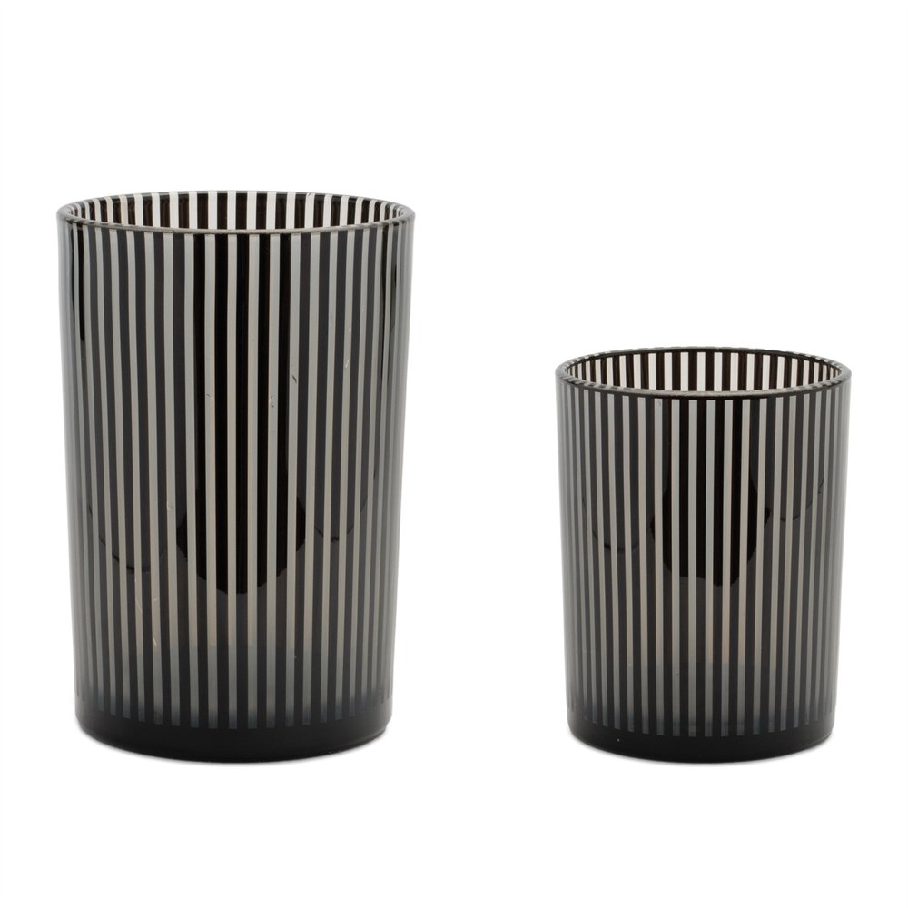 Set of Two Black Striped Glass Tabletop Pillar Candle Holders