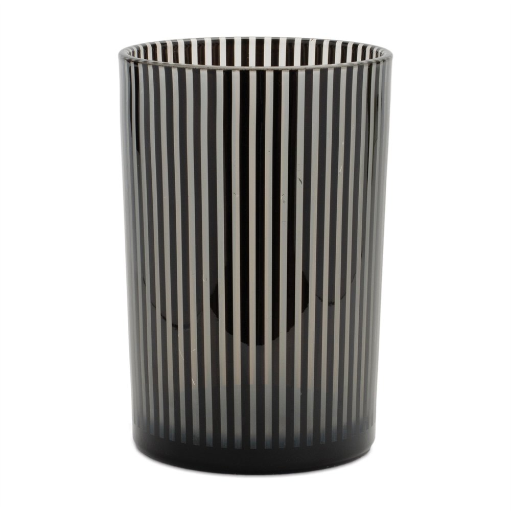 Set of Two Black Striped Glass Tabletop Pillar Candle Holders