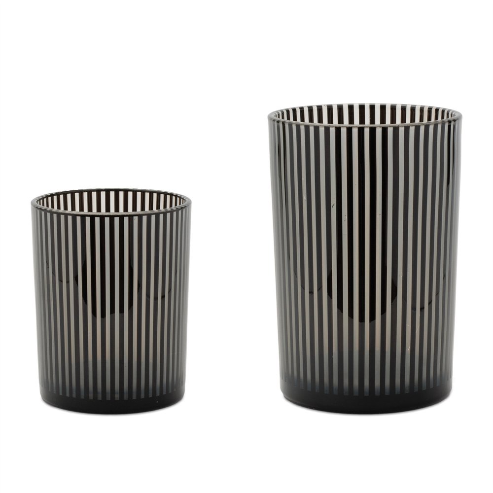 Set of Two Black Striped Glass Tabletop Pillar Candle Holders