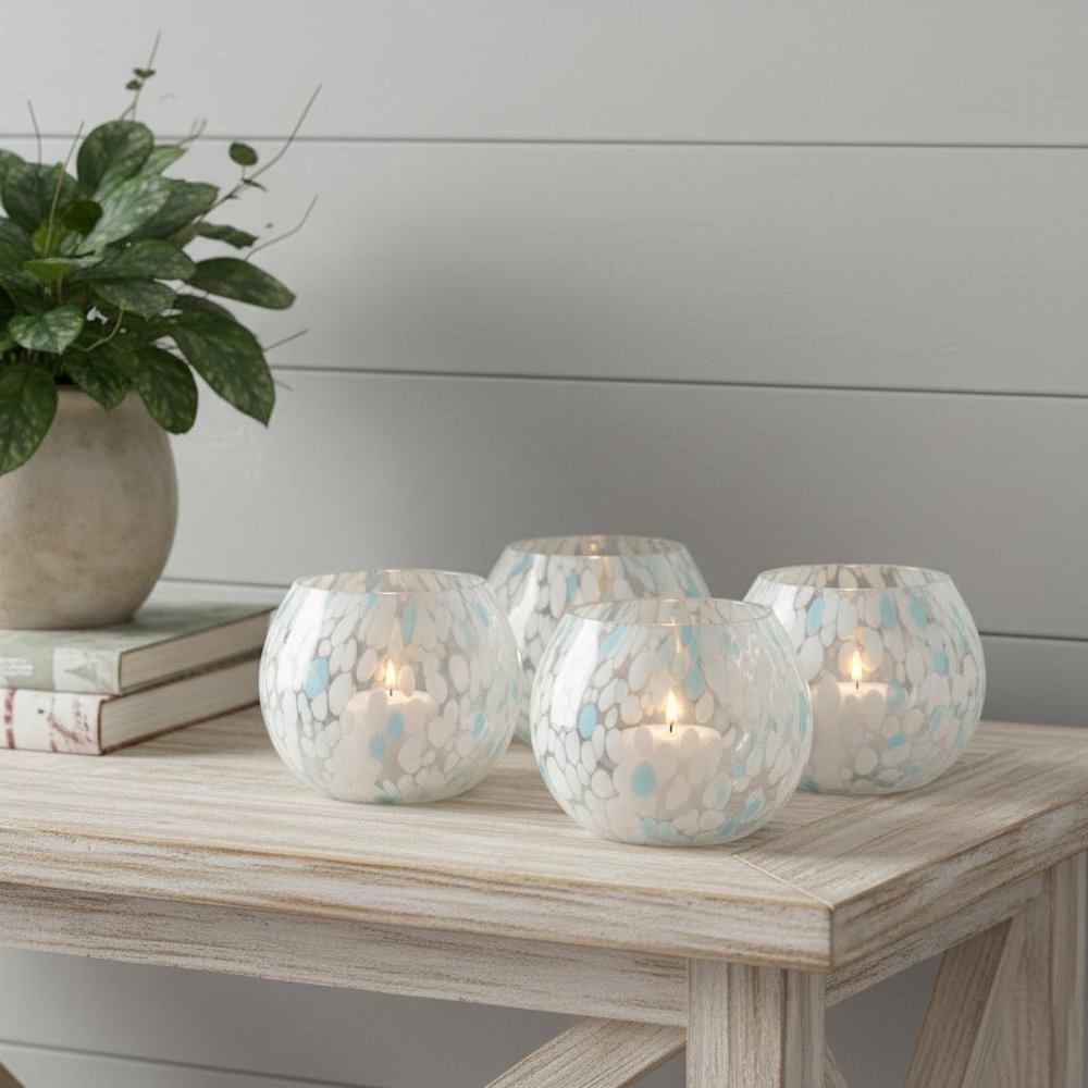 Set of Four Blue Abstract Glass Tabletop Votive Candle Holders