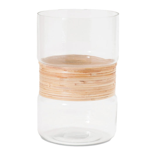 Set of Two Clear And Beige Abstract Glass Tabletop Pillar Candle Holders