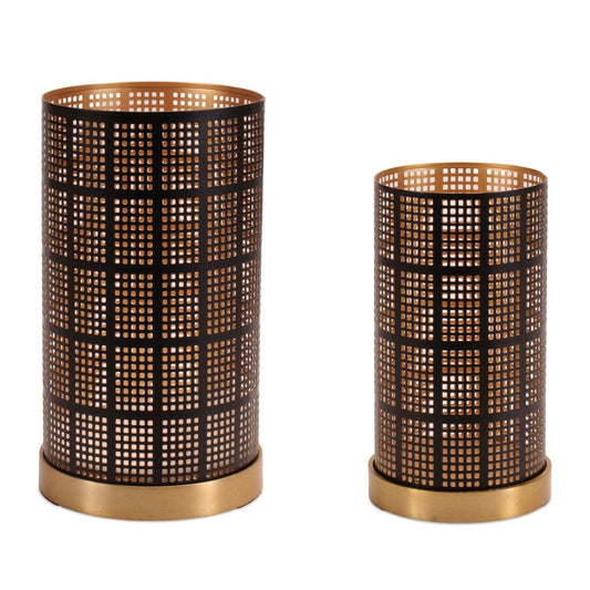 Set of Two Black And Gold Abstract Metal Tabletop Pillar Candle Holders