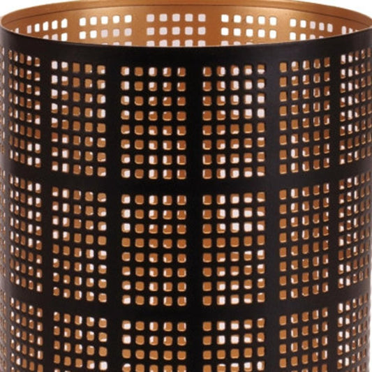 Set of Two Black And Gold Abstract Metal Tabletop Pillar Candle Holders