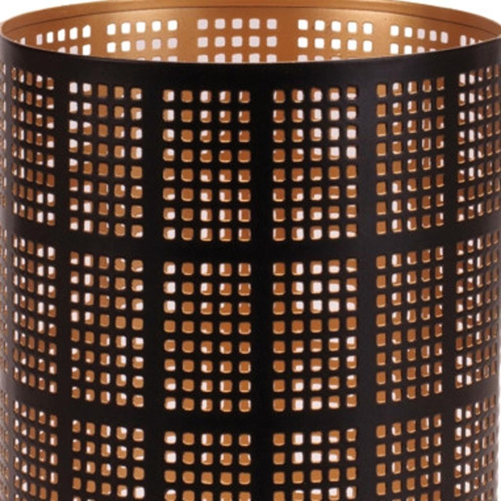 Set of Two Black And Gold Abstract Metal Tabletop Pillar Candle Holders