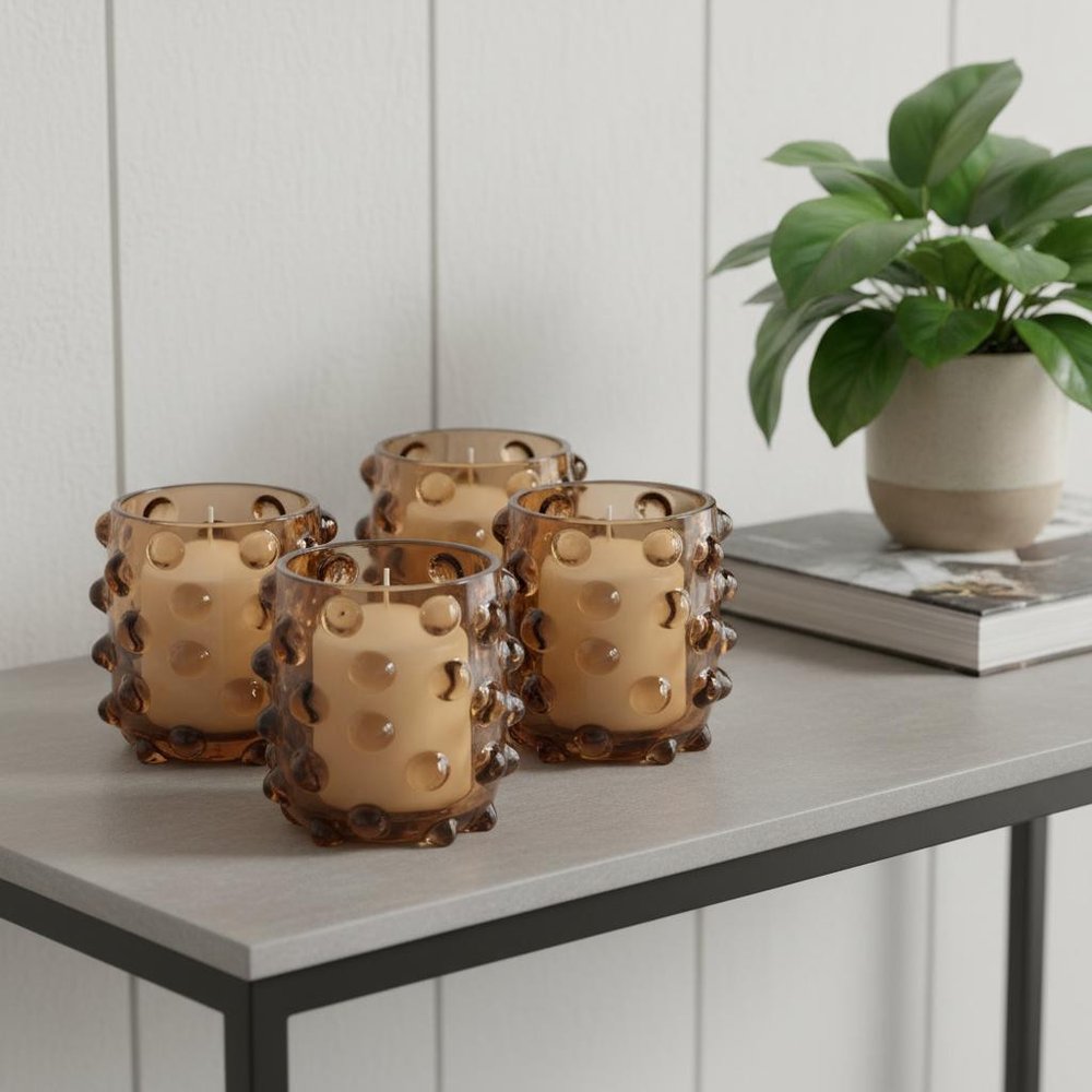 Set of Six Brown Glass Tabletop Pillar Candle Holders