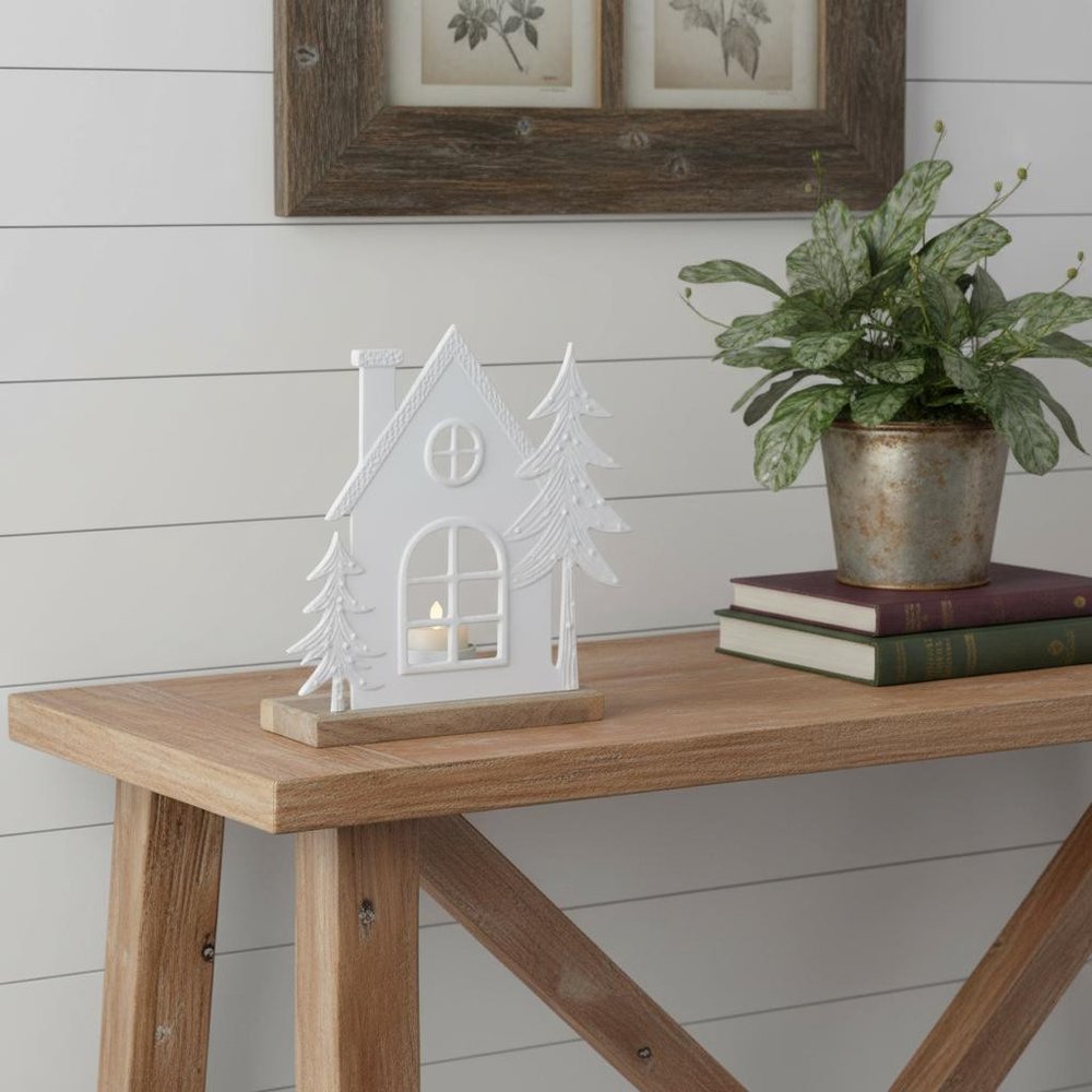 Set of Two White And Beige Abstract Aluminum Tabletop Tealight Candle Holders