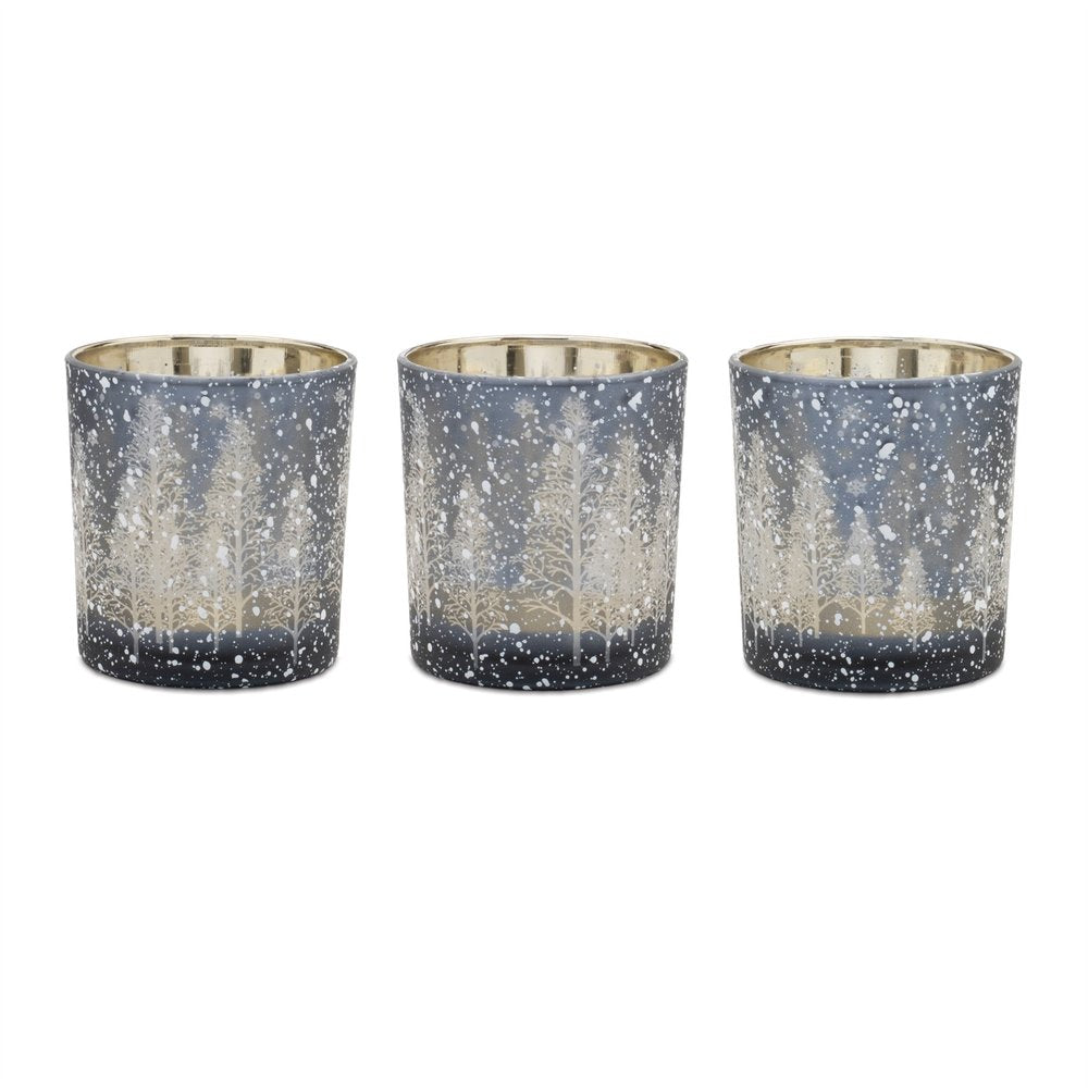 Set of Three Blue And Gray Abstract Glass Tabletop Votive Candle Holders