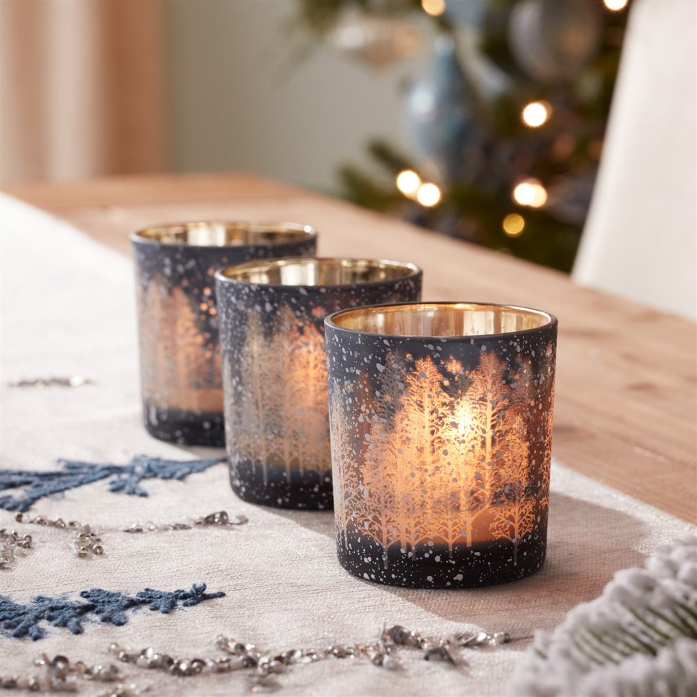 Set of Three Blue And Gray Abstract Glass Tabletop Votive Candle Holders