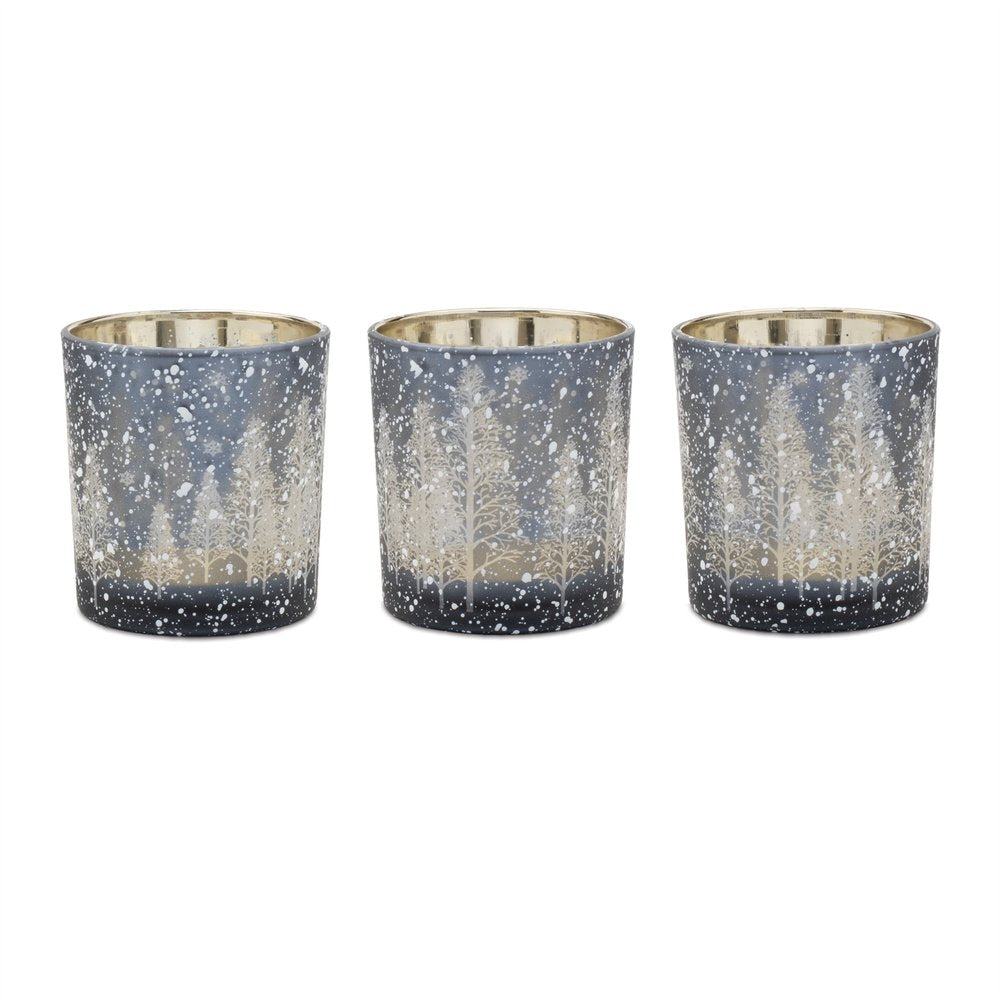 Set of Three Blue And Gray Abstract Glass Tabletop Votive Candle Holders