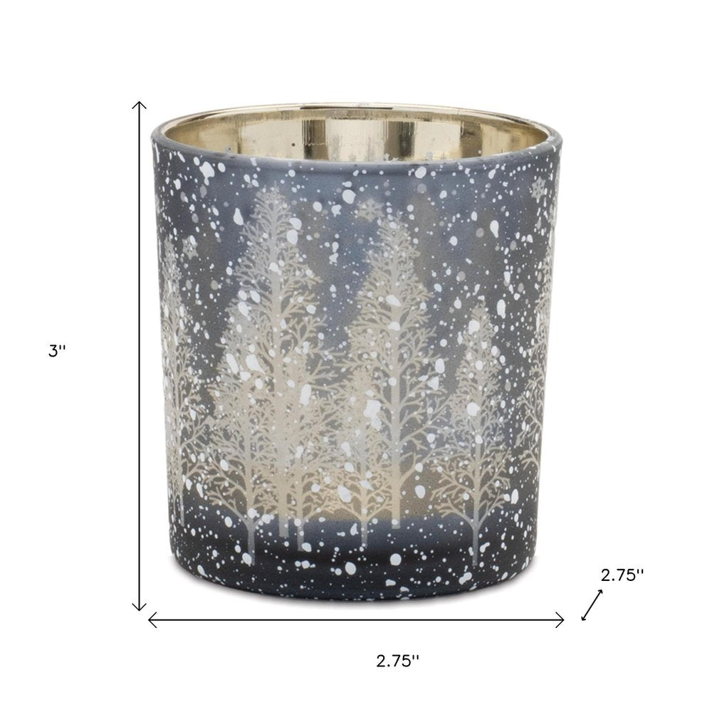 Set of Three Blue And Gray Abstract Glass Tabletop Votive Candle Holders