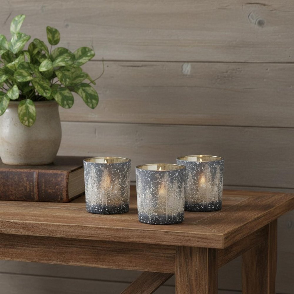 Set of Three Blue And Gray Abstract Glass Tabletop Votive Candle Holders