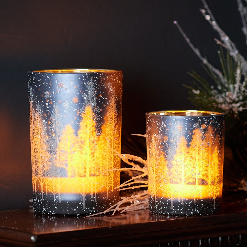 Set of Two Red Snowflake Glass Tabletop Votive Candle Holders