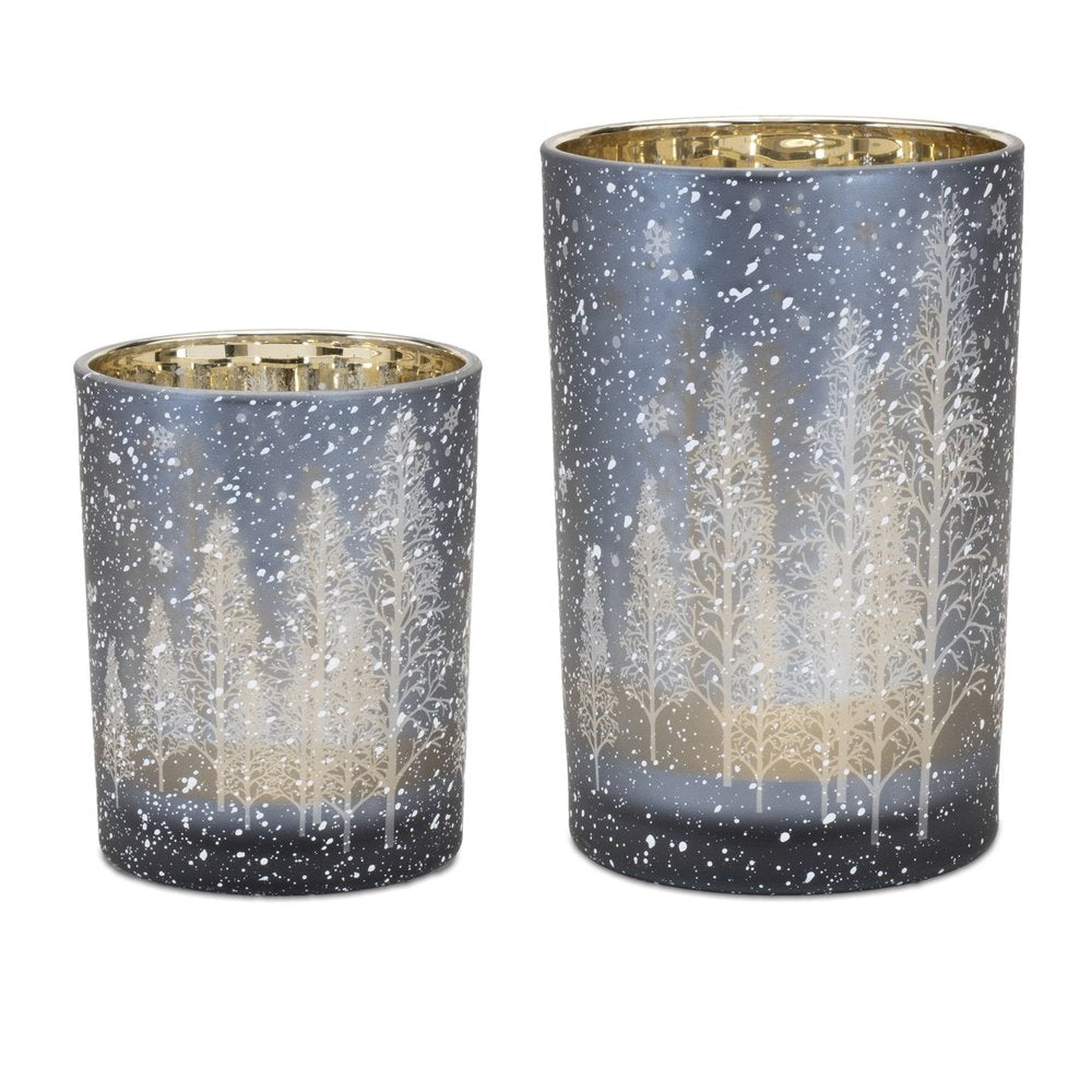 Set of Two Red Snowflake Glass Tabletop Votive Candle Holders