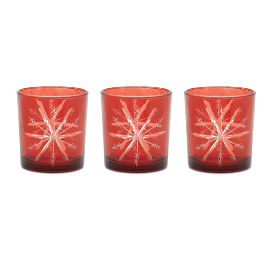 Set of Three Red Abstract Glass Tabletop Votive Candle Holders