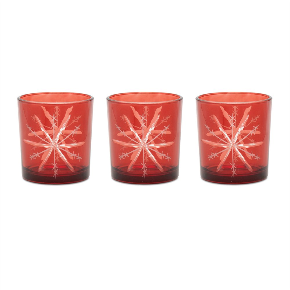 Set of Three Red Abstract Glass Tabletop Votive Candle Holders