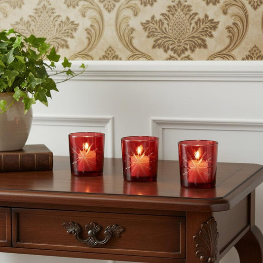 Set of Three Red Abstract Glass Tabletop Votive Candle Holders
