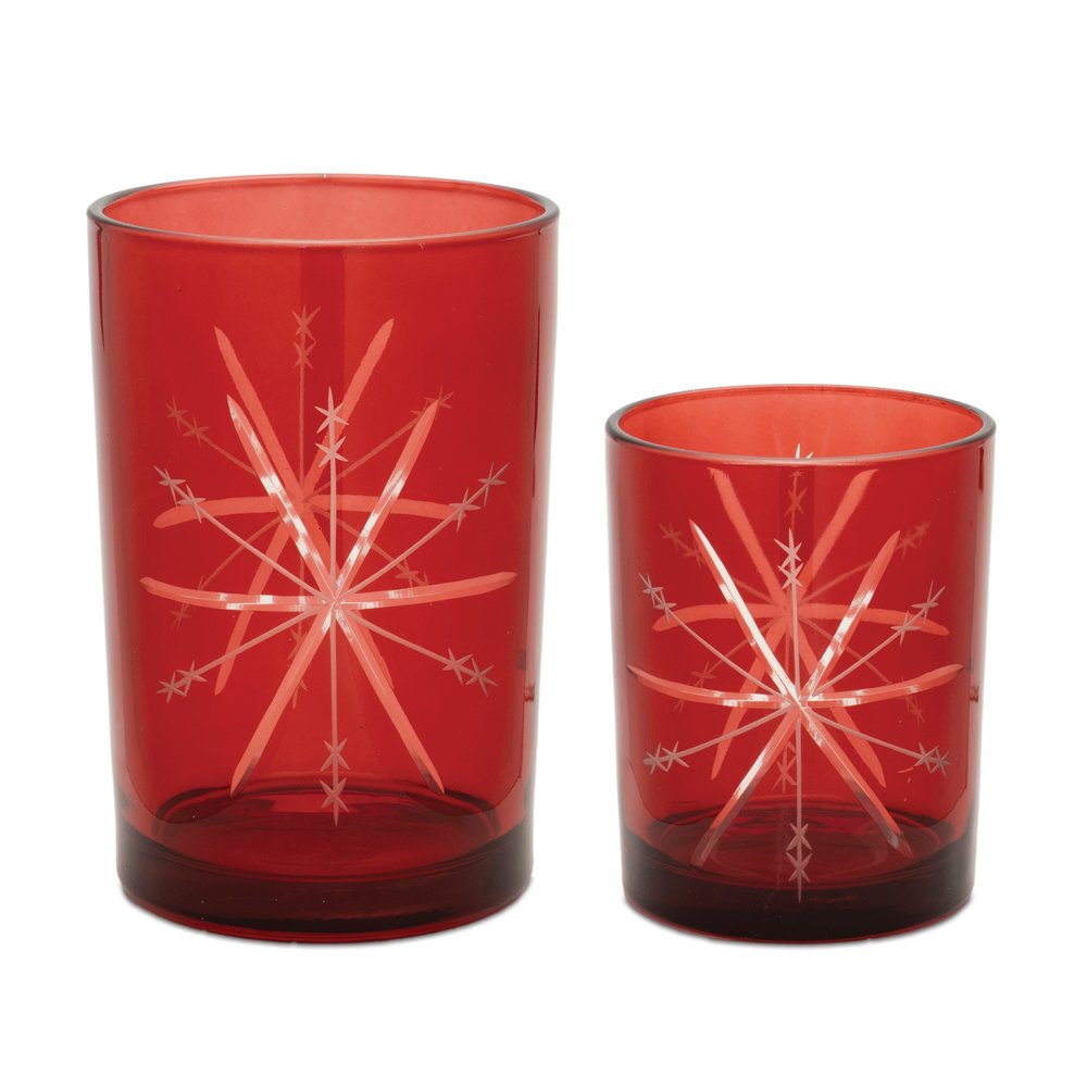 Set of Two Red Hammered Glass Tabletop Votive Candle Holders
