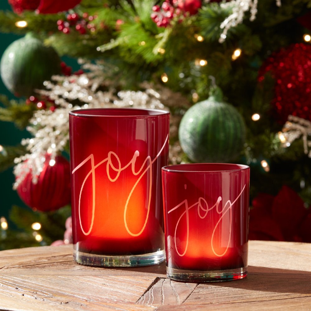 Set of Two Red Hammered Glass Tabletop Votive Candle Holders