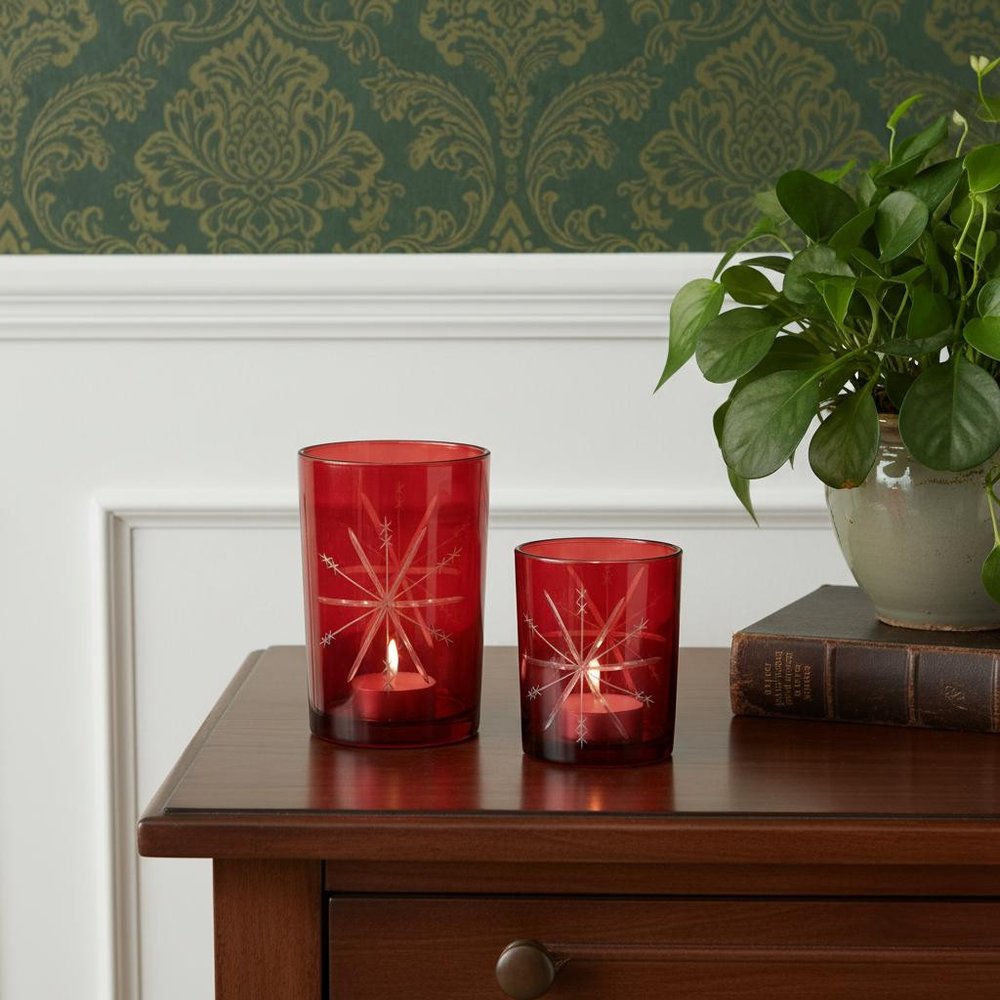 Set of Two Red Hammered Glass Tabletop Votive Candle Holders