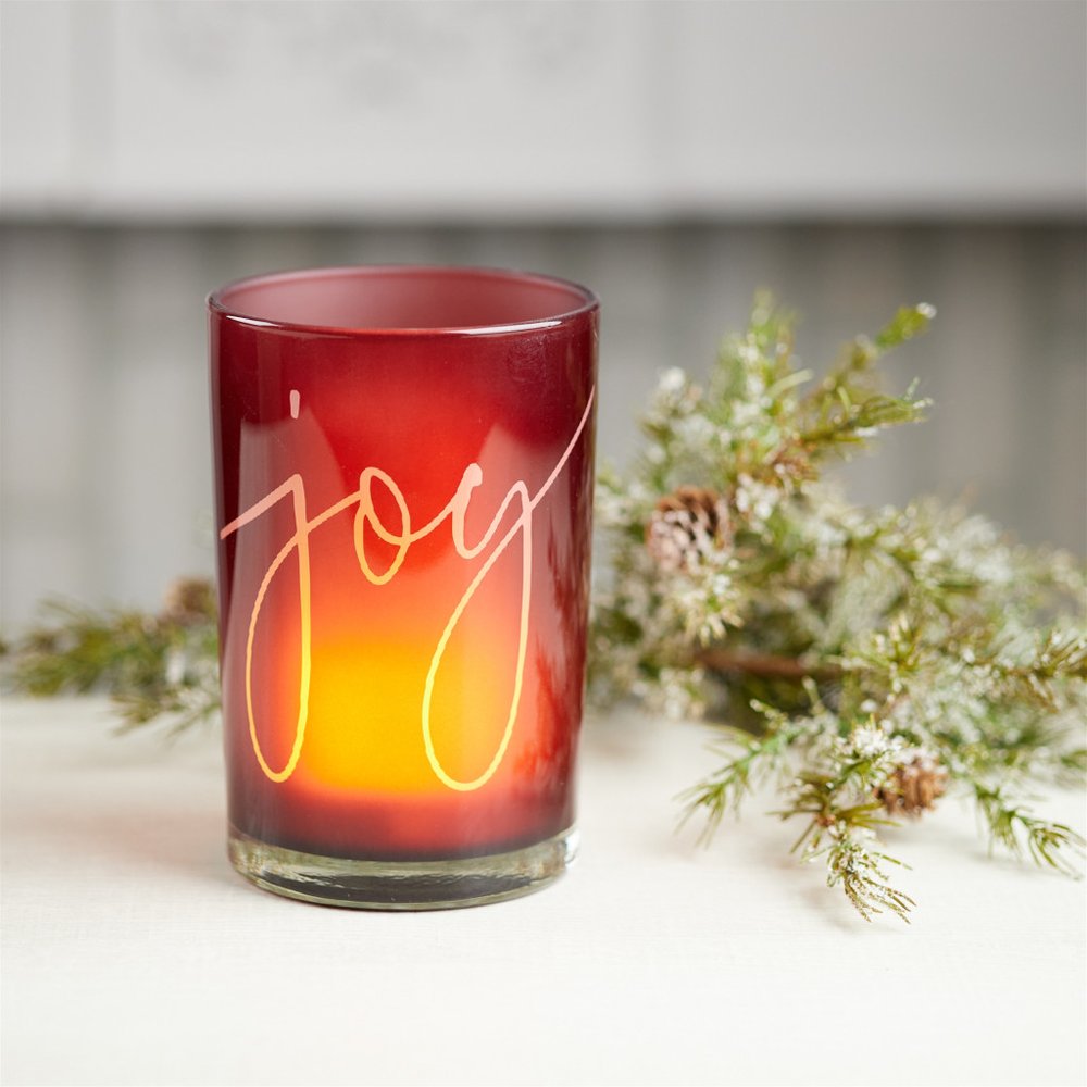 Set of Two Red Snowflake Glass Tabletop Votive Candle Holders