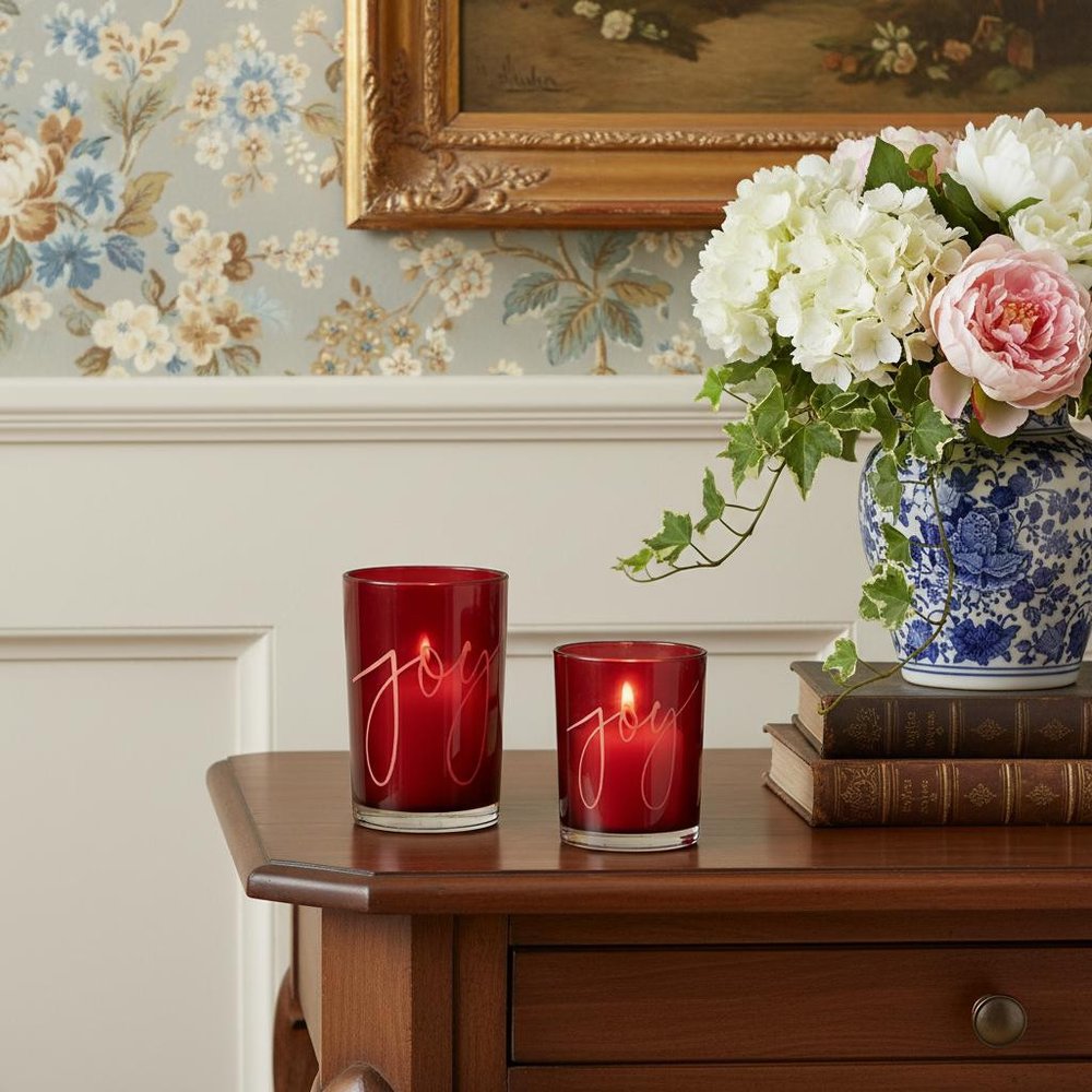 Set of Two Red Snowflake Glass Tabletop Votive Candle Holders