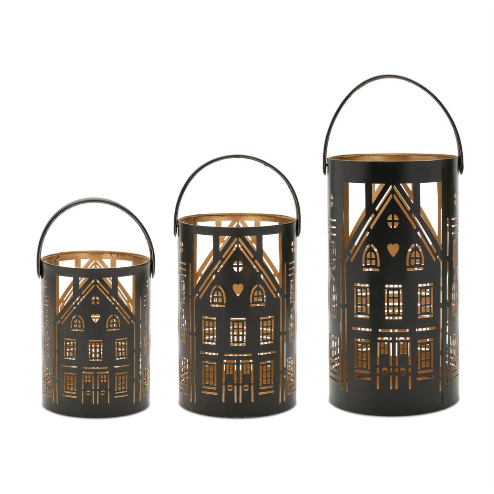 Set of Three Black And Gold Hammered Glass Tabletop Pillar Candle Holders