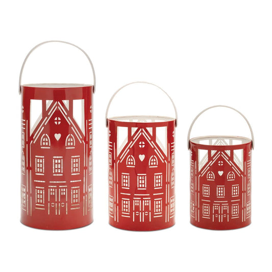 Set of Three Red And White Abstract Iron Tabletop Pillar Candle Holders