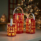 Set of Three Red And White Abstract Iron Tabletop Pillar Candle Holders