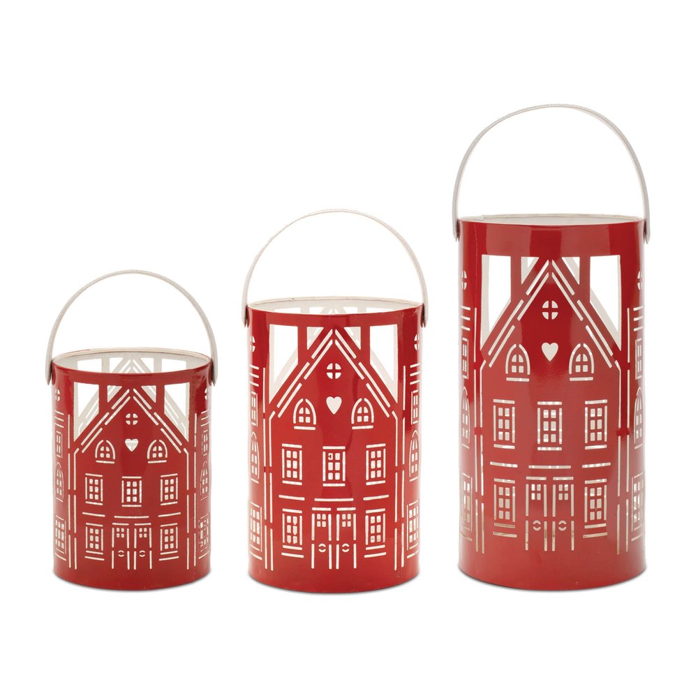 Set of Three Red And White Abstract Iron Tabletop Pillar Candle Holders