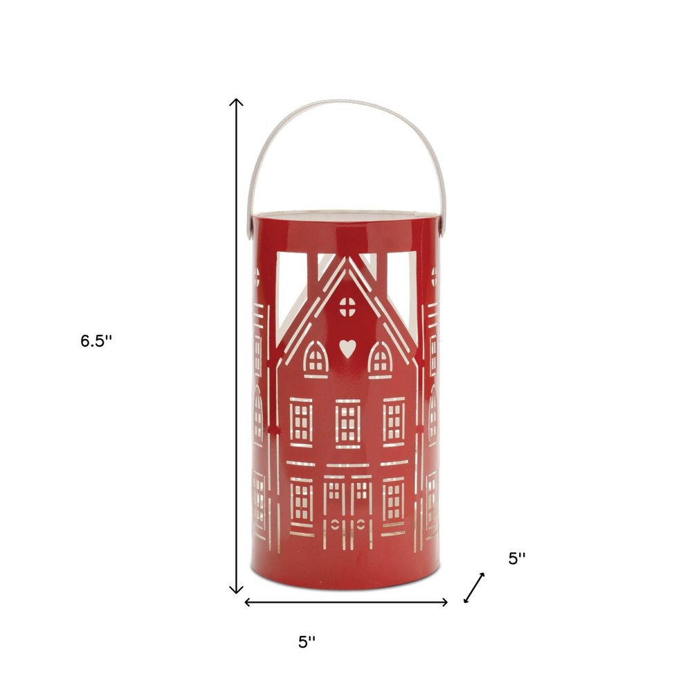 Set of Three Red And White Abstract Iron Tabletop Pillar Candle Holders