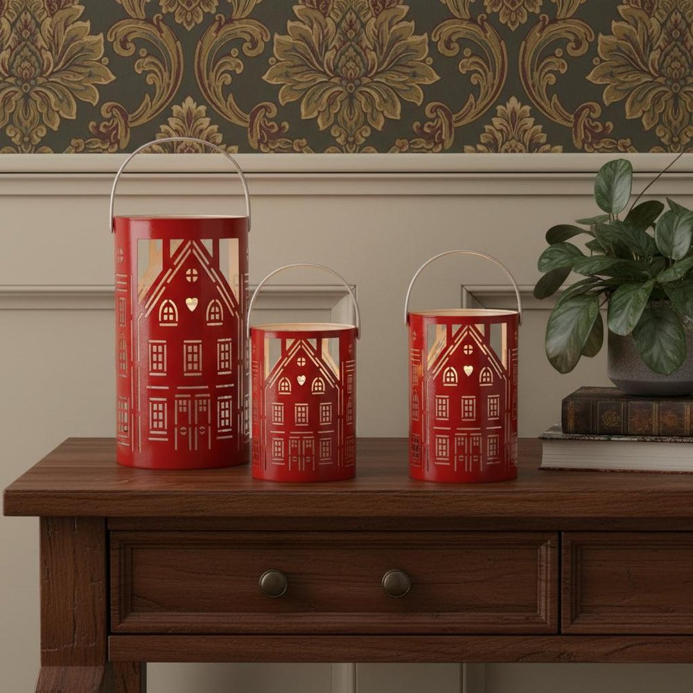 Set of Three Red And White Abstract Iron Tabletop Pillar Candle Holders