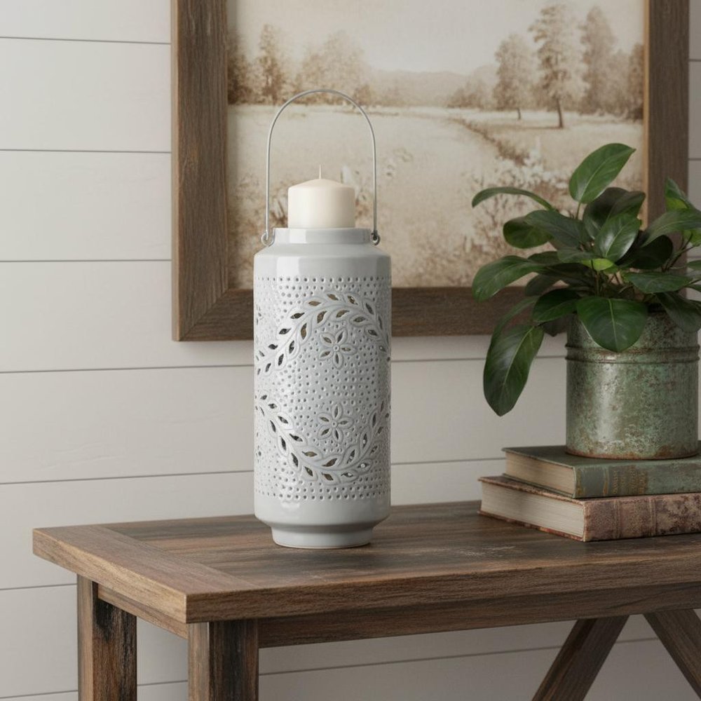 16" Gray Abstract Iron Tabletop Pillar Candle Holder