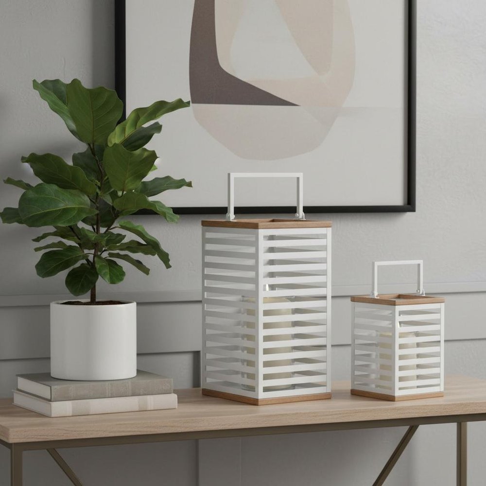 Set of Two White Abstract Metal Tabletop Pillar Candle Holders